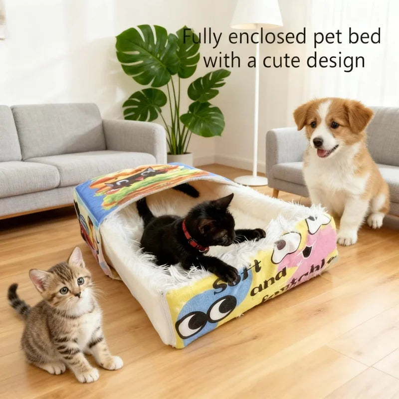 Cartoon Hamburger Black Cat Snack Box Plush Cat Bed Spacious Cozy Pet Nest For Cats' Comfortable Rest With Cute Design