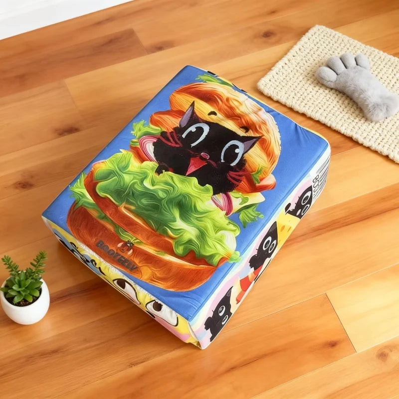 Cartoon Hamburger Black Cat Snack Box Plush Cat Bed Spacious Cozy Pet Nest For Cats' Comfortable Rest With Cute Design