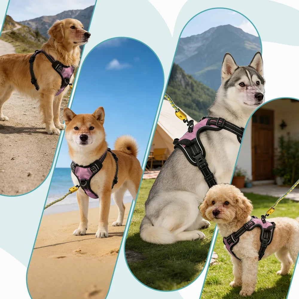 Pet Reflective Nylon Dog Collars Harness Vests Leash Adjustable Pet Harness Vest Suitable for Small, Medium and Large Dogs