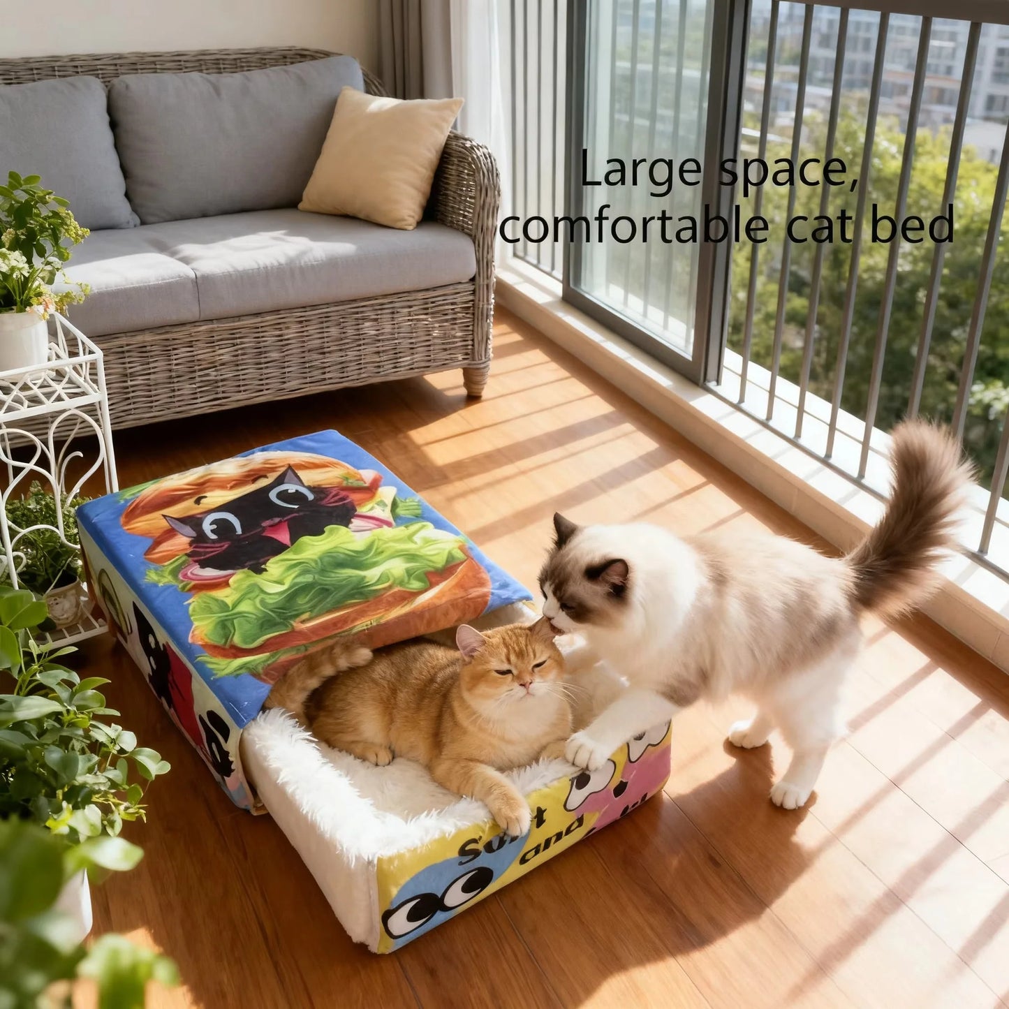 Cartoon Hamburger Black Cat Snack Box Plush Cat Bed Spacious Cozy Pet Nest For Cats' Comfortable Rest With Cute Design
