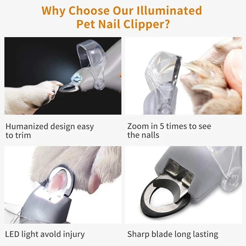 Pet Nail Clipper with LED Light and Magnifier – Safe Trimming Tool for Small Medium Large Dogs Cats, Professional Home Grooming Kit