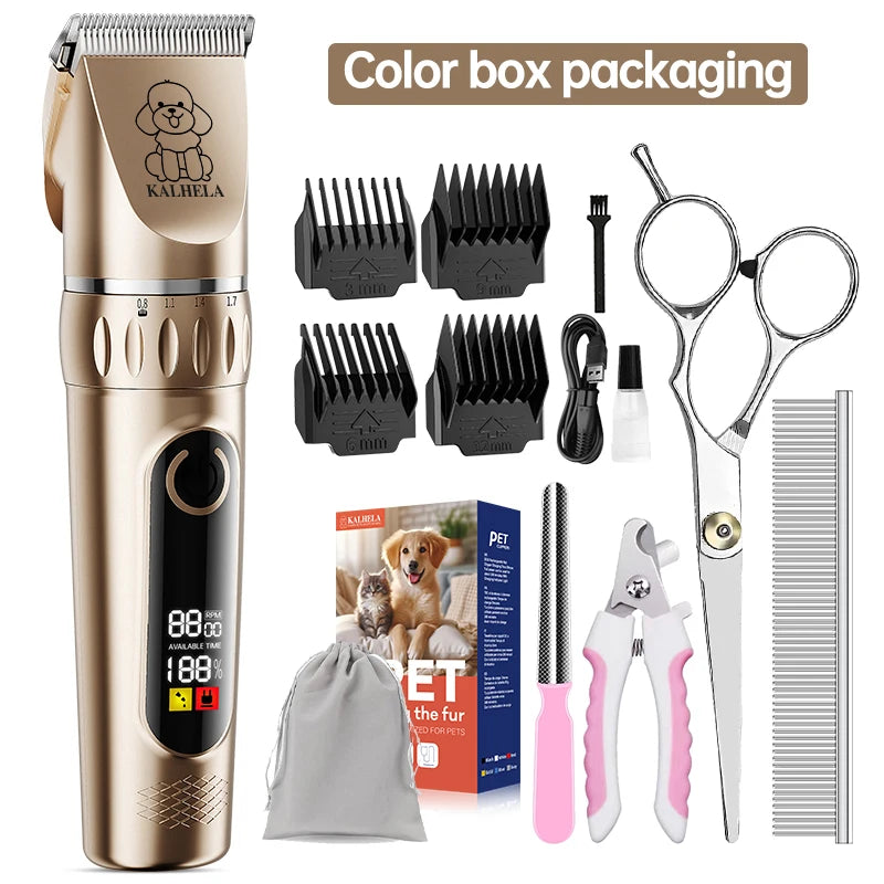 Professional Pet Grooming Kit | Rechargeable Electric Dog and Cat Hair Trimmer Set with Scissors and Nail Clipper, Quiet Rechargeable Pet Hair Grooming Kit | Pet Dog Grooming Set with LED Display and Nail Clippers